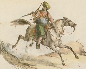 Historic drawing of a beduin on a horse